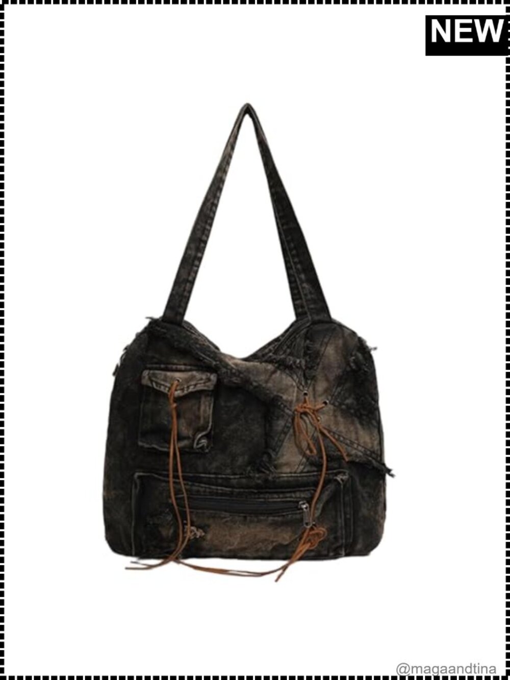 Y2K Large Capacity Washed Denim Tote Bag Retro Shoulder Crossbody Women's